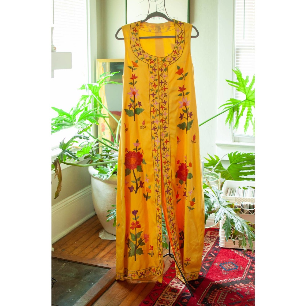 vintage heavy weight embroidered 70s yellow festival vest